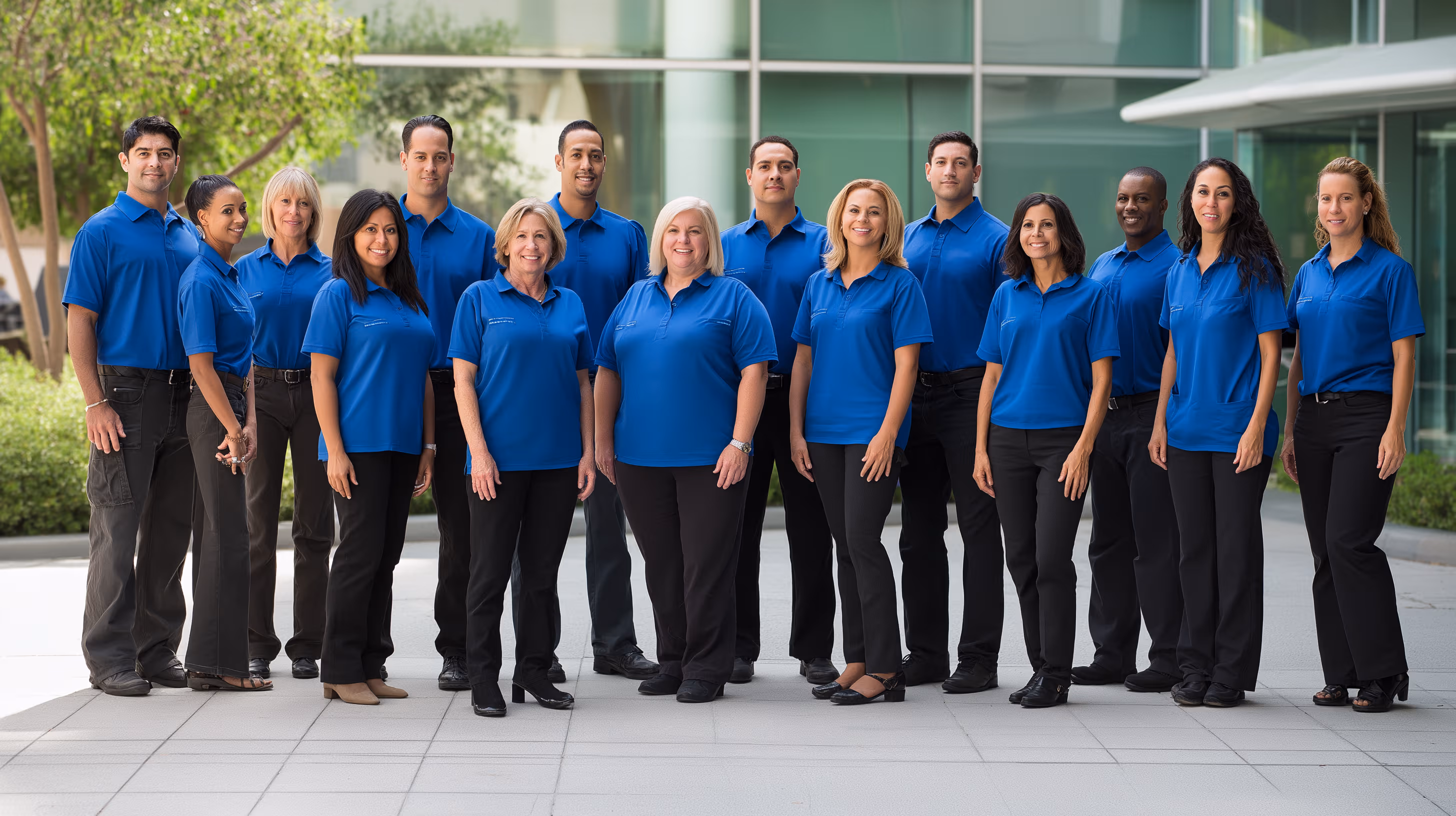 Staff group photo near company office